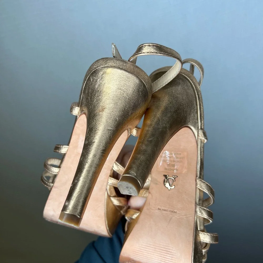 Vince Camino VC Signature Metallic Gold Strappy‎ Heels Toe Ankle Strap Sz 8 / 38